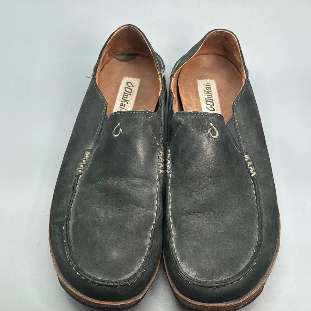 Olukai Moloa Men's 10 Black Nubuck Leather Casual Shoes Slip-On Round Toe Loafer